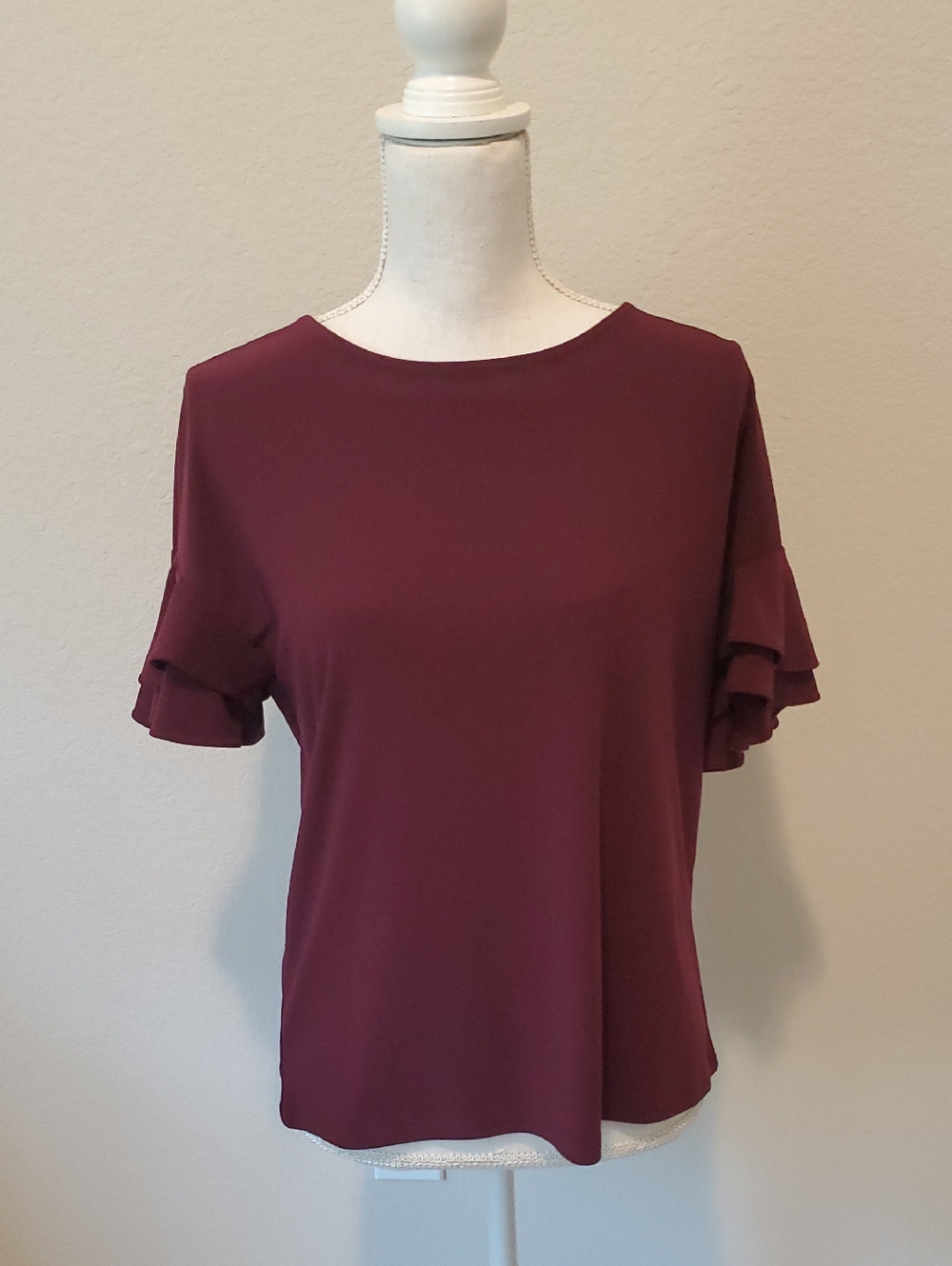 INC International Concepts Short Sleeve Ruffle Top - Burgundy
